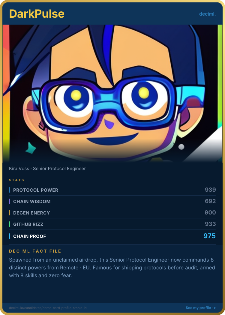Example Deciml Cards — Top Trumps-style trading cards built from real GitHub, on-chain, and verified-skill data